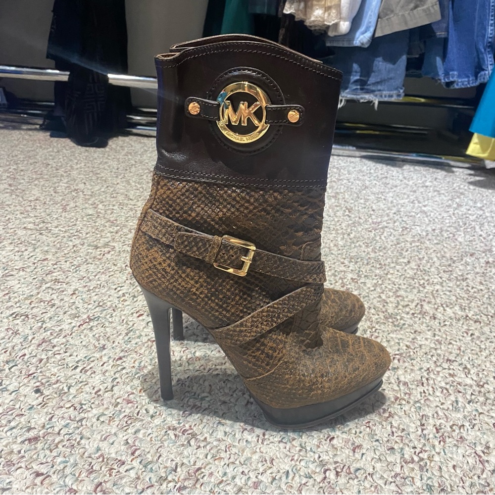 Michael Kors Brown‎ Snakeskin Platform Ankle Boots | Size 8W | High Heel Booties
